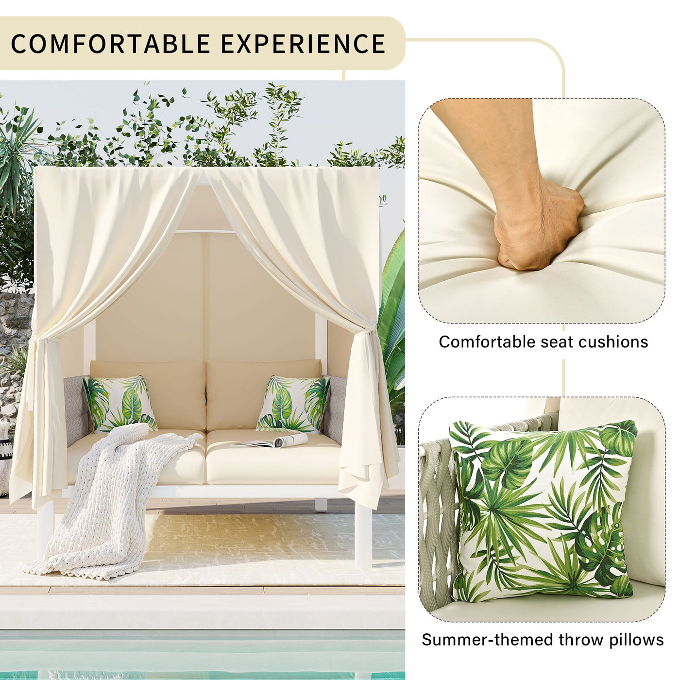 U_Style Outdoor Patio Sunbed with Curtains, High Comfort, Suitable for Multiple Scenarios