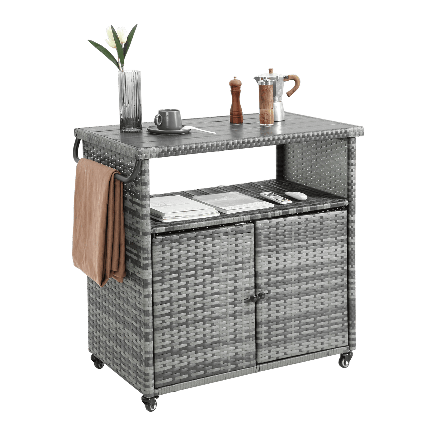 Outdoor Wicker Bar Cart, Patio Wine Serving Cart w/Wheels , Rolling Rattan Beverage Bar Counter Table w/Glass Top for Porch Backyard Garden Poolside Party, Light brown