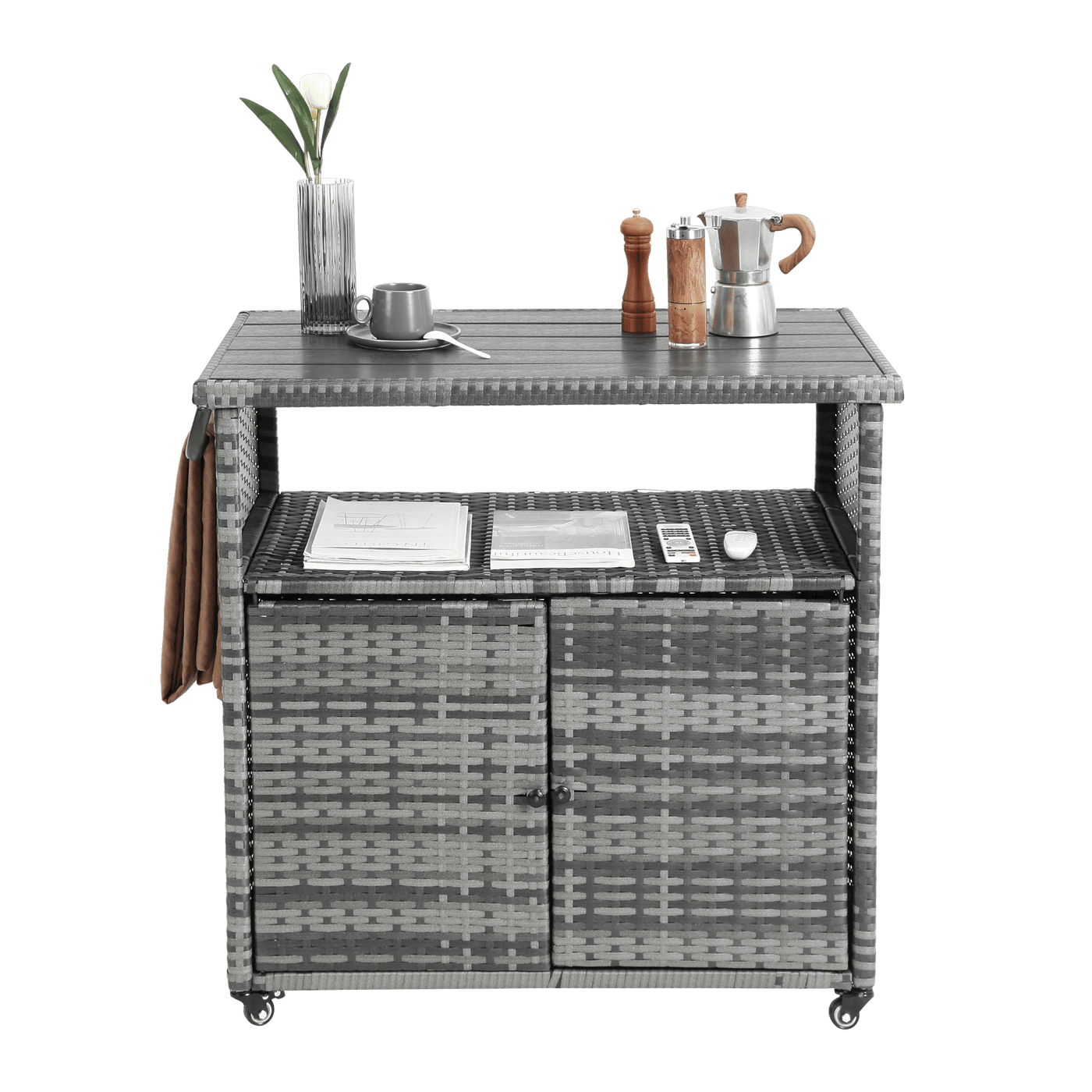 Outdoor Wicker Bar Cart, Patio Wine Serving Cart w/Wheels , Rolling Rattan Beverage Bar Counter Table w/Glass Top for Porch Backyard Garden Poolside Party, Light brown