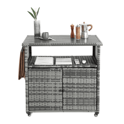 Outdoor Wicker Bar Cart, Patio Wine Serving Cart w/Wheels , Rolling Rattan Beverage Bar Counter Table w/Glass Top for Porch Backyard Garden Poolside Party, Light brown