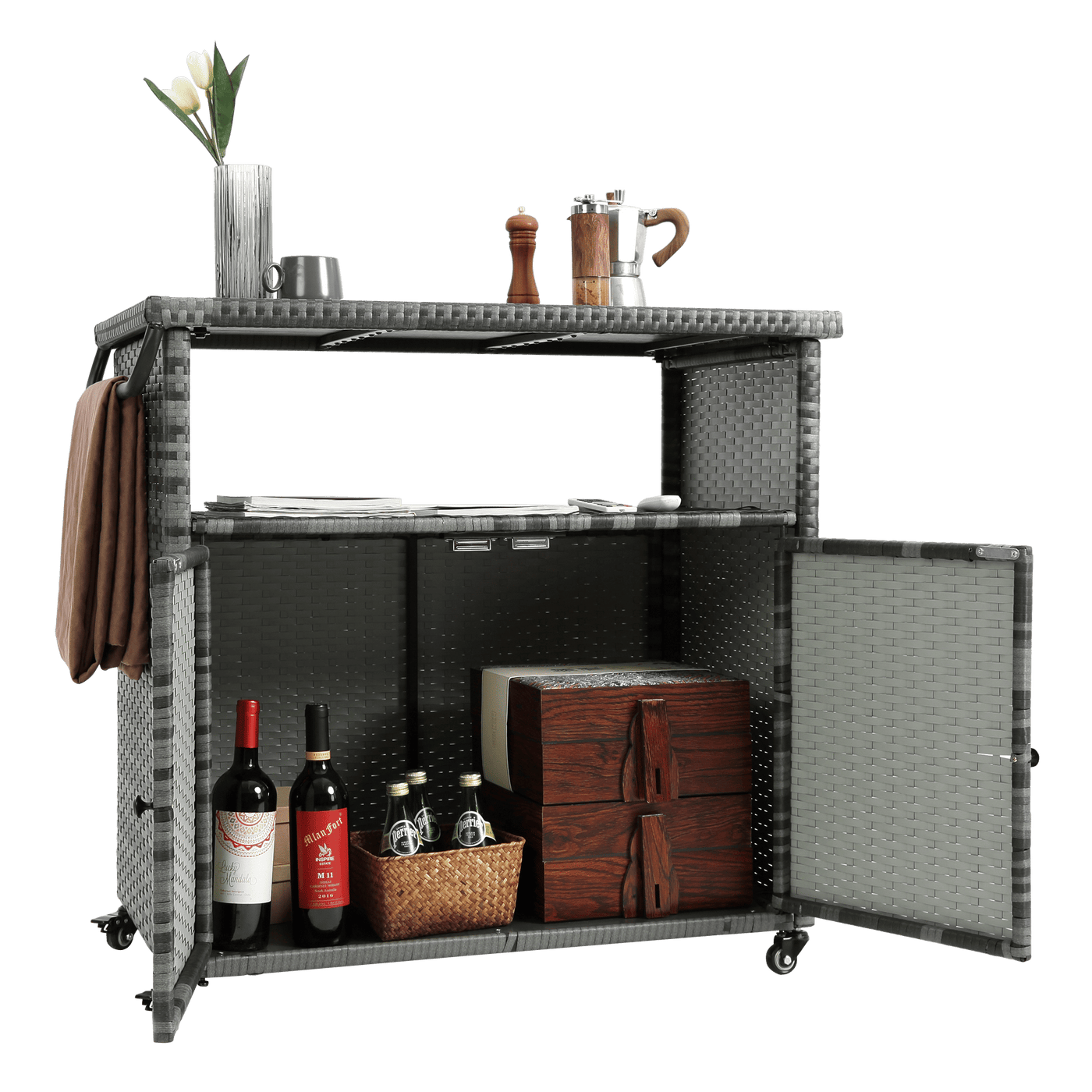Outdoor Wicker Bar Cart, Patio Wine Serving Cart w/Wheels , Rolling Rattan Beverage Bar Counter Table w/Glass Top for Porch Backyard Garden Poolside Party, Light brown