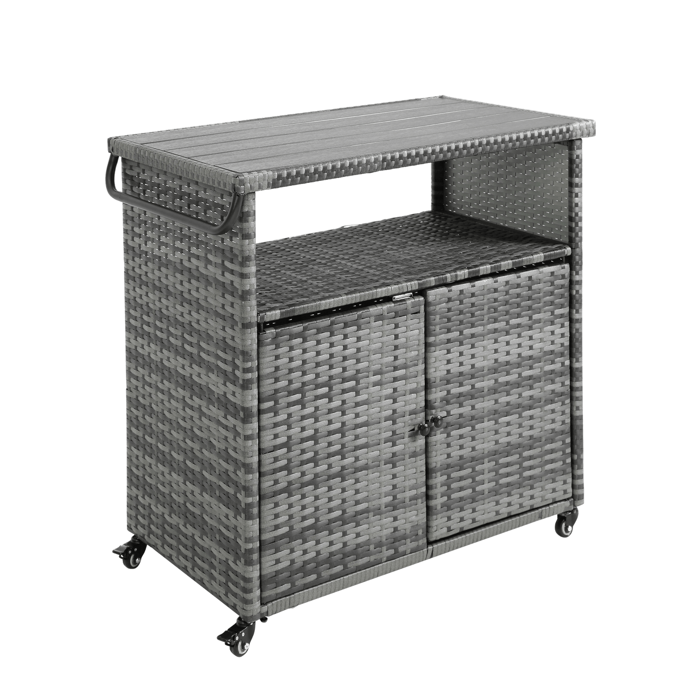 Outdoor Wicker Bar Cart, Patio Wine Serving Cart w/Wheels , Rolling Rattan Beverage Bar Counter Table w/Glass Top for Porch Backyard Garden Poolside Party, Light brown