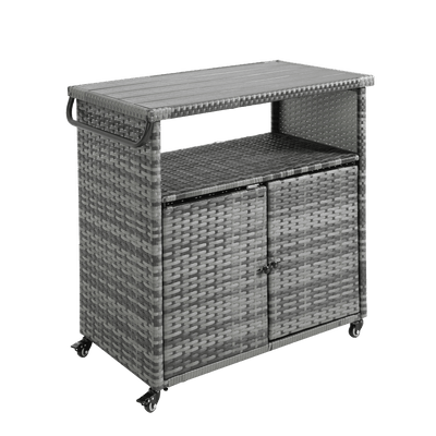 Outdoor Wicker Bar Cart, Patio Wine Serving Cart w/Wheels , Rolling Rattan Beverage Bar Counter Table w/Glass Top for Porch Backyard Garden Poolside Party, Light brown
