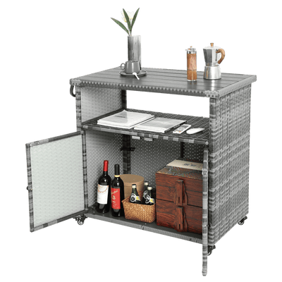 Outdoor Wicker Bar Cart, Patio Wine Serving Cart w/Wheels , Rolling Rattan Beverage Bar Counter Table w/Glass Top for Porch Backyard Garden Poolside Party, Light brown