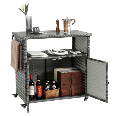 Outdoor Wicker Bar Cart, Patio Wine Serving Cart w/Wheels , Rolling Rattan Beverage Bar Counter Table w/Glass Top for Porch Backyard Garden Poolside Party, Light brown