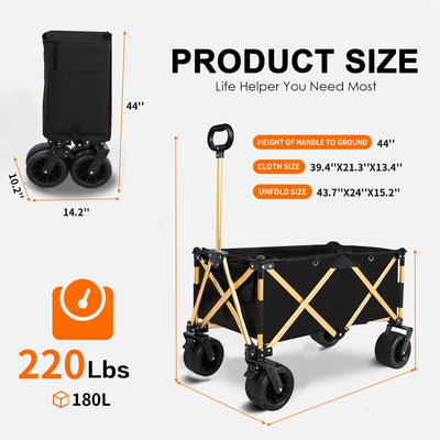 aluminum alloy folding wagon, Heavy Duty Utility Beach Wagon Cart for Sand with Big Wheels, Adjustable Handle&Drink Holders for Shopping, Camping,Garden and Outdoor