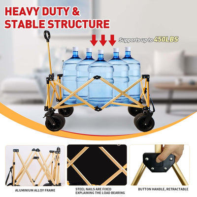 aluminum alloy folding wagon, Heavy Duty Utility Beach Wagon Cart for Sand with Big Wheels, Adjustable Handle&Drink Holders for Shopping, Camping,Garden and Outdoor