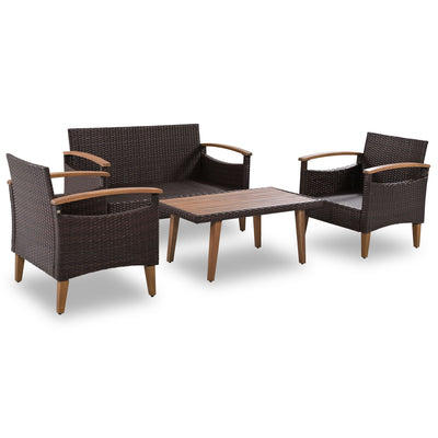 GO 4-Piece Garden Furniture, Patio Seating Set, PE Rattan Outdoor Sofa Set, Wood Table and Legs, Brown and Beige