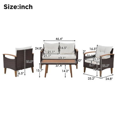 GO 4-Piece Garden Furniture, Patio Seating Set, PE Rattan Outdoor Sofa Set, Wood Table and Legs, Brown and Beige