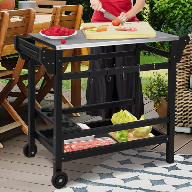Movable Outdoor Dining Cart Table HDPE Pizza Oven Stand Table with Stainless Steel Tabletop