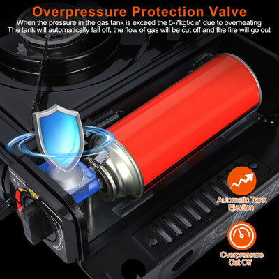 3300W Portable Camping Stove Butane Canister Dual Fuel Burner Piezo Electric Ignition Single Burner with Automatic Tank Ejection Overpressure Cut Off Carry Case