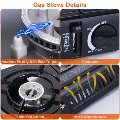 3300W Portable Camping Stove Butane Canister Dual Fuel Burner Piezo Electric Ignition Single Burner with Automatic Tank Ejection Overpressure Cut Off Carry Case