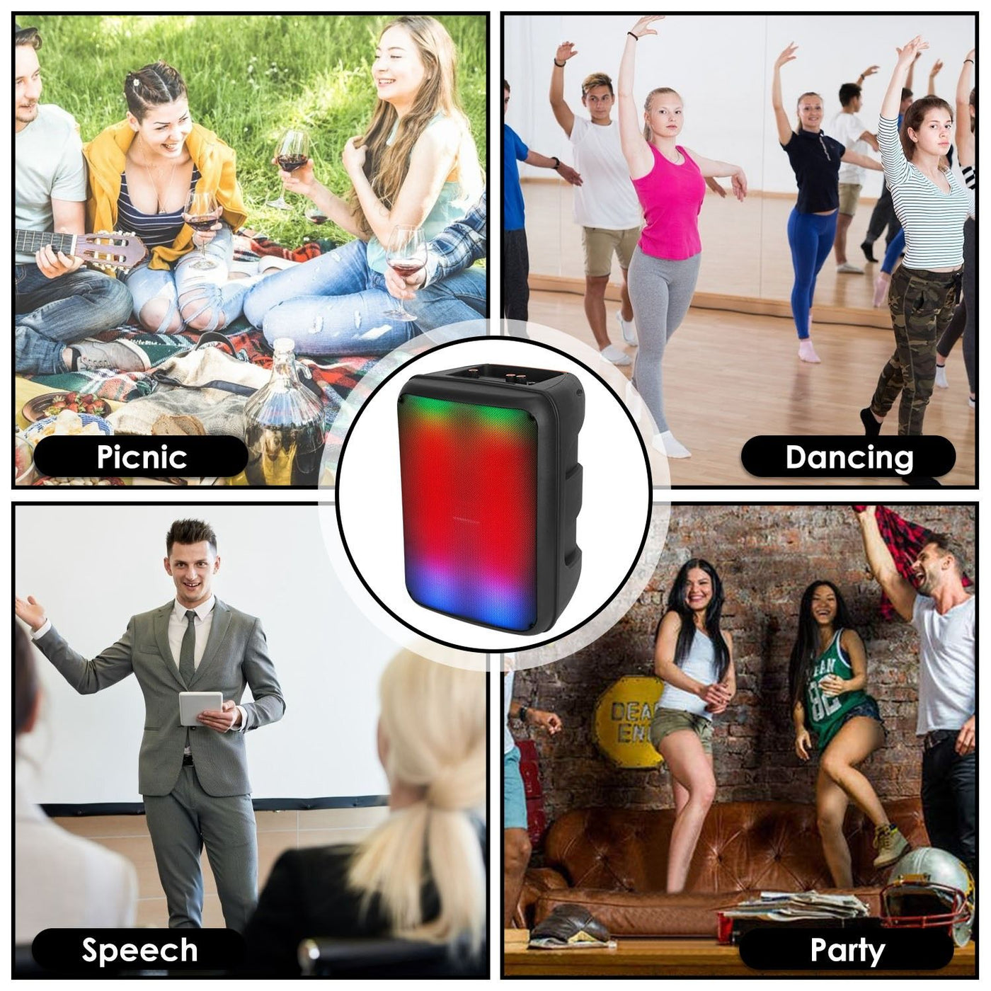 Portable Wireless Party Speaker 8in Colorful Lights DJ PA System with TWS Function FM Radio USB MMC Card Reading Aux In Recording Function Mic