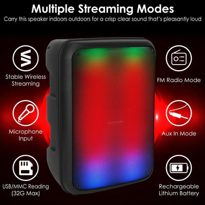 Portable Wireless Party Speaker 8in Colorful Lights DJ PA System with TWS Function FM Radio USB MMC Card Reading Aux In Recording Function Mic