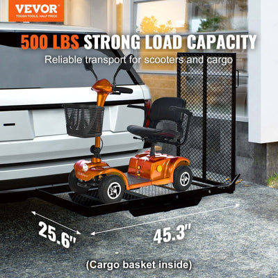VEVOR Hitch Mount Cargo Carrier, 45.3" x 25.6" Iron Hitch Cargo Rack with Folding Ramp, Hitch Rack Basket with Stabilizer and Straps, 500LBS Mobility Scooter Carrier Fit 2" Hitch Receiver