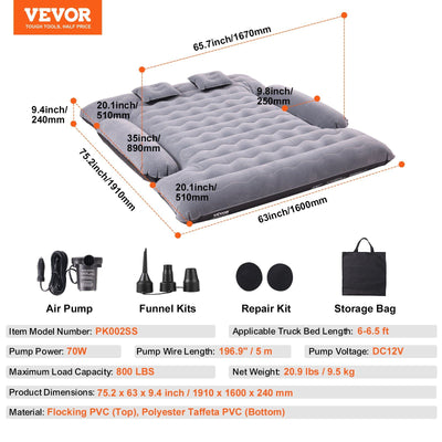 VEVOR Truck Bed Air Mattress, for 6-6.5 ft Full Size Truck Beds, Inflatable Air Mattress Camping Bed with 12V Air Pump 2 Pillows, Carry Bag, for Chevrolet Silverado, Dodge Ram, Ford 150/250/350
