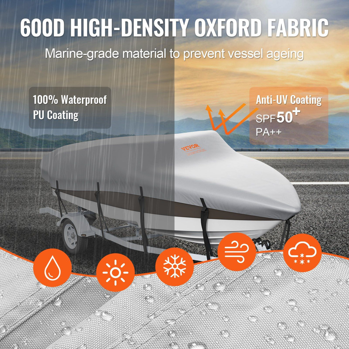 VEVOR Boat Cover, 16'-18.5' Trailerable Waterproof Boat Cover, 600D Marine Grade PU Oxford, with Motor Cover and Buckle Straps, for V-Hull, Tri-Hull, Fish Ski Boat, Runabout, Bass Boat, Grey