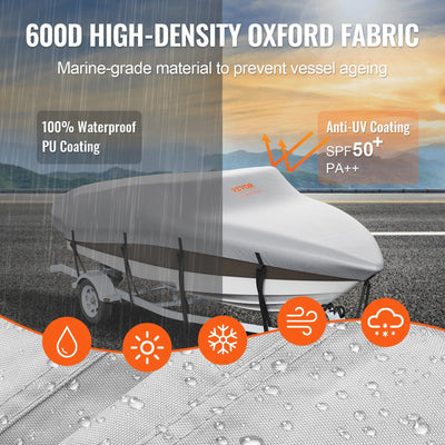 VEVOR Boat Cover, 16'-18.5' Trailerable Waterproof Boat Cover, 600D Marine Grade PU Oxford, with Motor Cover and Buckle Straps, for V-Hull, Tri-Hull, Fish Ski Boat, Runabout, Bass Boat, Grey