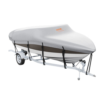 VEVOR Boat Cover, 16'-18.5' Trailerable Waterproof Boat Cover, 600D Marine Grade PU Oxford, with Motor Cover and Buckle Straps, for V-Hull, Tri-Hull, Fish Ski Boat, Runabout, Bass Boat, Grey