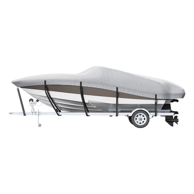 VEVOR Boat Cover, 16'-18.5' Trailerable Waterproof Boat Cover, 600D Marine Grade PU Oxford, with Motor Cover and Buckle Straps, for V-Hull, Tri-Hull, Fish Ski Boat, Runabout, Bass Boat, Grey