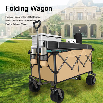 Collapsible Folding Wagon, Push Pull Foldable Beach Wagon Cart