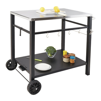 VEVOR Outdoor Grill Dining Cart with Double-Shelf, BBQ Movable Food Prep Table, Multifunctional Stainless Steel Table Top, Portable Modular Carts for Pizza Oven, Worktable with 2 Wheels, Carry Handle