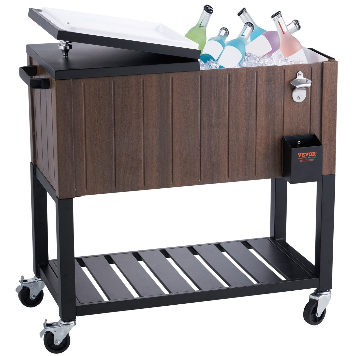 VEVOR Rolling Ice Chest Cooler Cart 80 Quart, Portable Bar Drink Cooler, Beverage Bar Stand Up Cooler with Wheels, Bottle Opener, Handles for Patio Backyard Party Pool, Wooden Teak Accent, Brown