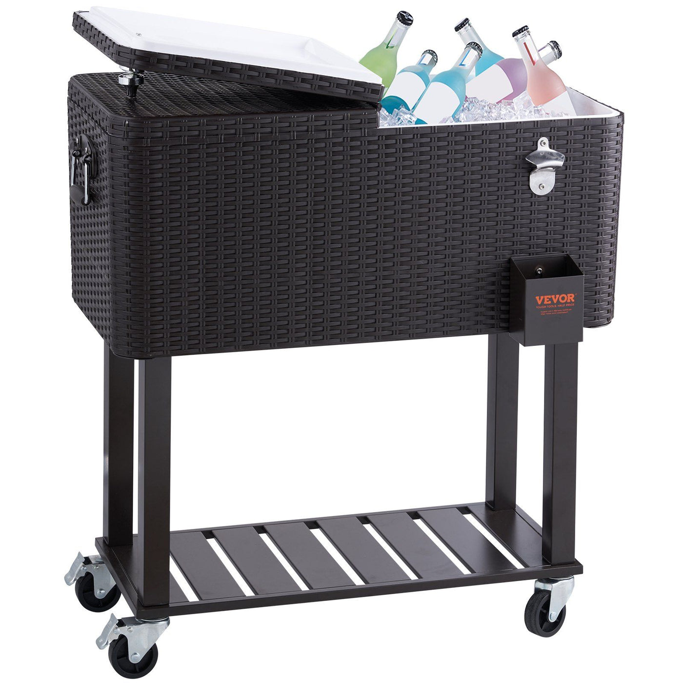 VEVOR Rolling Ice Chest Cooler Cart 80 Quart, Portable Bar Drink Cooler, Beverage Bar Stand Up Cooler with Wheels, Bottle Opener, Handles for Patio Backyard Party Pool, Wooden Rattan Accent, Brown