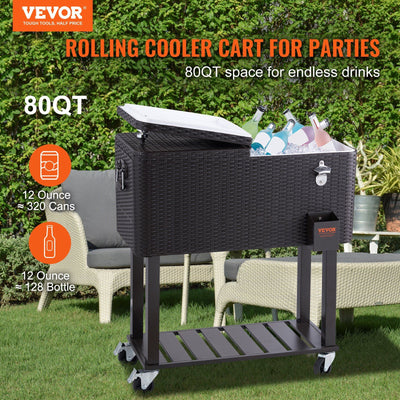 VEVOR Rolling Ice Chest Cooler Cart 80 Quart, Portable Bar Drink Cooler, Beverage Bar Stand Up Cooler with Wheels, Bottle Opener, Handles for Patio Backyard Party Pool, Wooden Rattan Accent, Brown