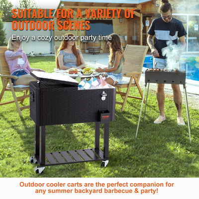 VEVOR Rolling Ice Chest Cooler Cart 80 Quart, Portable Bar Drink Cooler, Beverage Bar Stand Up Cooler with Wheels, Bottle Opener, Handles for Patio Backyard Party Pool, Wooden Rattan Accent, Brown