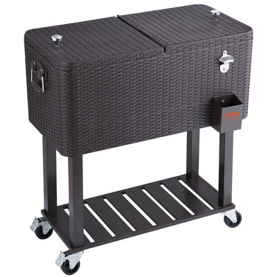 VEVOR Rolling Ice Chest Cooler Cart 80 Quart, Portable Bar Drink Cooler, Beverage Bar Stand Up Cooler with Wheels, Bottle Opener, Handles for Patio Backyard Party Pool, Wooden Rattan Accent, Brown