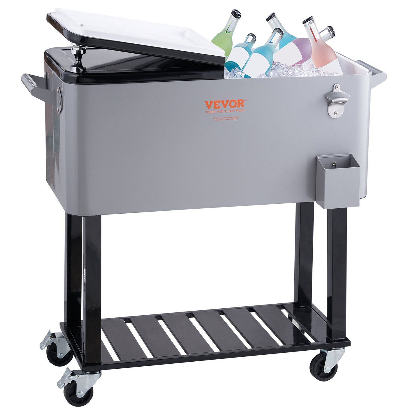 VEVOR Rolling Ice Chest Cooler Cart 80 Quart, Portable Bar Drink Cooler, Beverage Bar Stand Up Cooler with Wheels, Bottle Opener, Handles for Patio, Backyard, Party and Pool, Gray, FDA Listed
