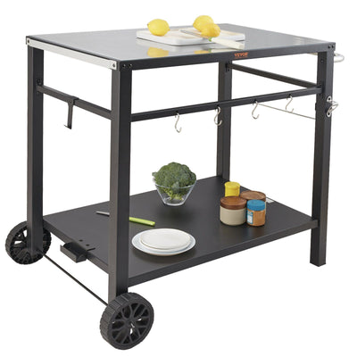 VEVOR Outdoor Grill Dining Cart with Double-Shelf, BBQ Movable Food Prep Table, Multifunctional Iron Table Top, Portable Modular Carts for Pizza Oven, Worktable with 2 Wheels, Carry Handle, Black
