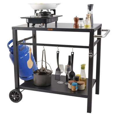 VEVOR Outdoor Grill Dining Cart with Double-Shelf, BBQ Movable Food Prep Table, Multifunctional Iron Table Top, Portable Modular Carts for Pizza Oven, Worktable with 2 Wheels, Carry Handle, Black