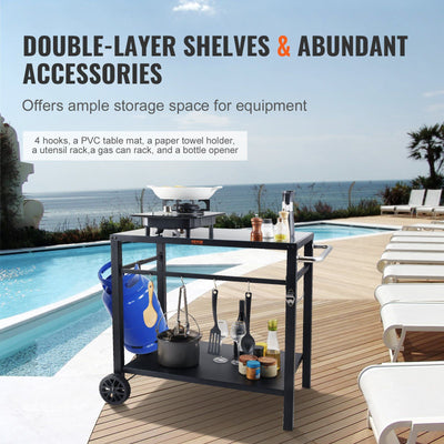 VEVOR Outdoor Grill Dining Cart with Double-Shelf, BBQ Movable Food Prep Table, Multifunctional Iron Table Top, Portable Modular Carts for Pizza Oven, Worktable with 2 Wheels, Carry Handle, Black