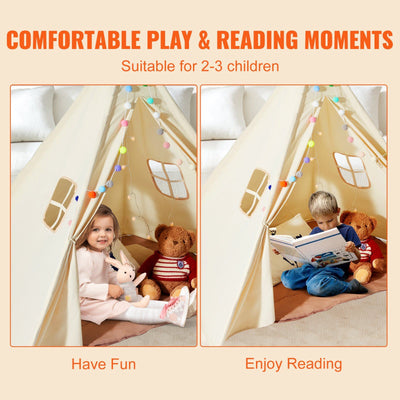 VEVOR Kids Play Tent, Teepee Tent for Kids 1-5 Years Old, Tent for Kids with Windows for Indoor and Outdoor, Toddler Tent with Mat and Plush Decorative Balls, for Boys and Girls, Beige