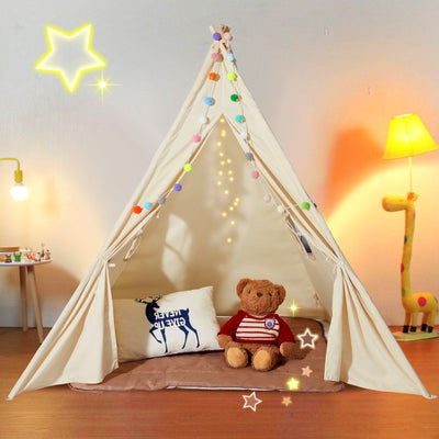 VEVOR Kids Play Tent, Teepee Tent for Kids 1-5 Years Old, Tent for Kids with Windows for Indoor and Outdoor, Toddler Tent with Mat and Plush Decorative Balls, for Boys and Girls, Beige
