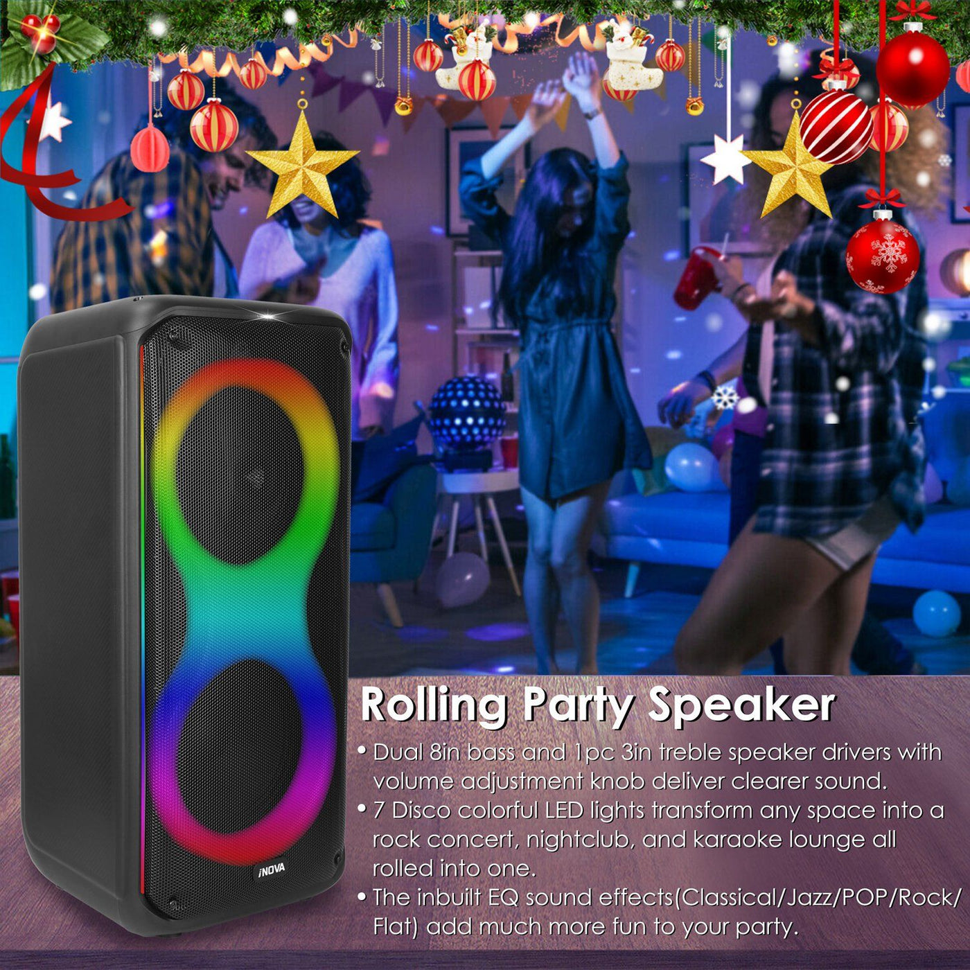 Portable Wireless Party Speaker with 7 Colorful Lights Remote Control Party Speaker with TWS Function FM Radio USB MMC Card Reading Aux In Recording Function Mic Priority