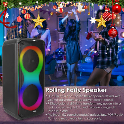 Portable Wireless Party Speaker with 7 Colorful Lights Remote Control Party Speaker with TWS Function FM Radio USB MMC Card Reading Aux In Recording Function Mic Priority
