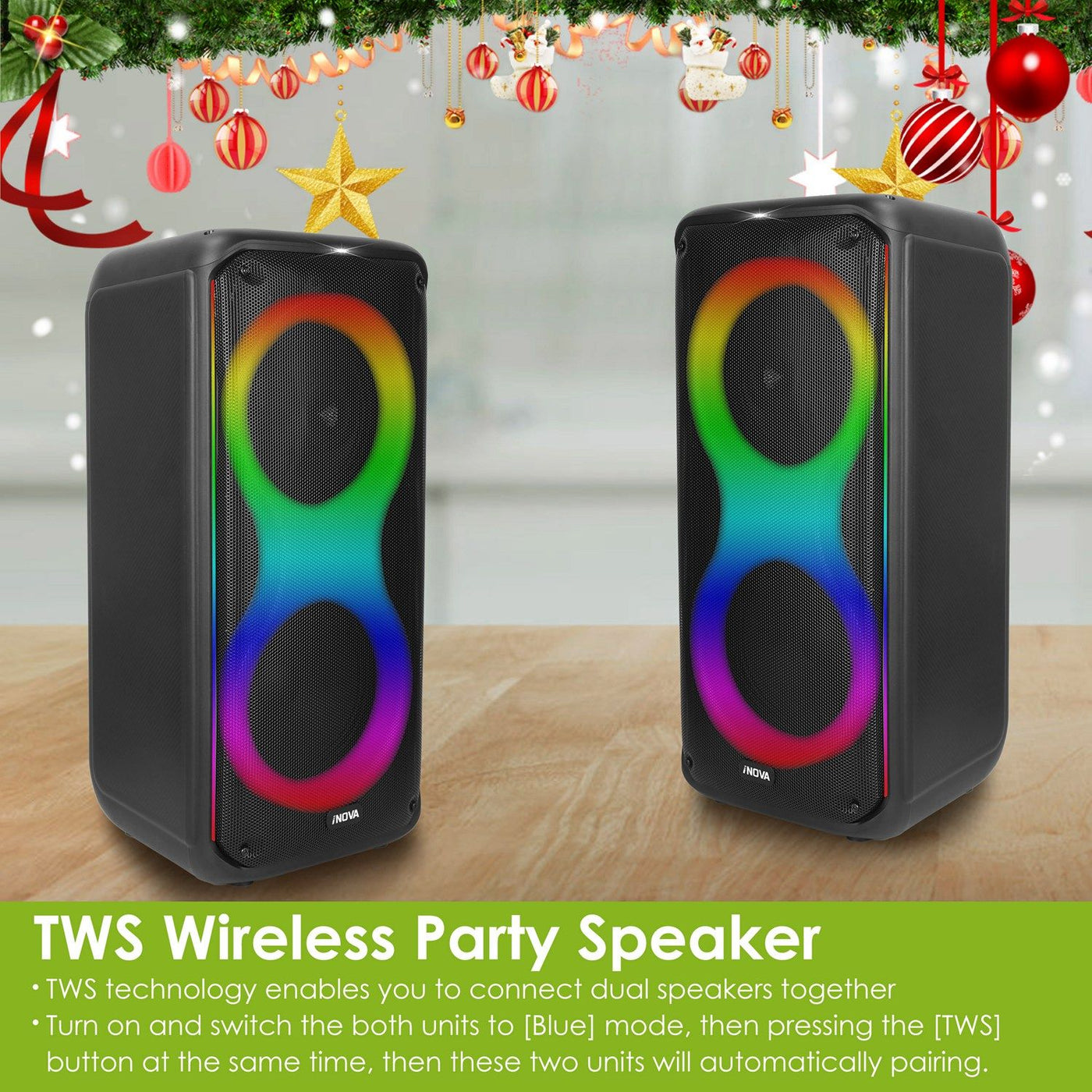 Portable Wireless Party Speaker with 7 Colorful Lights Remote Control Party Speaker with TWS Function FM Radio USB MMC Card Reading Aux In Recording Function Mic Priority