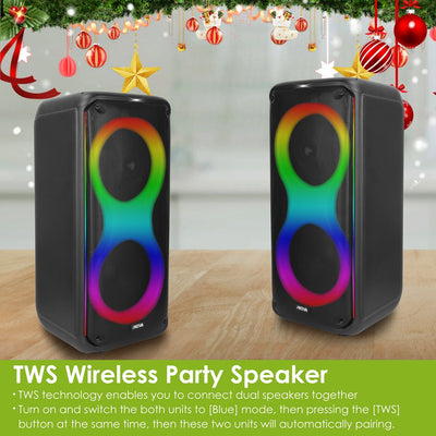 Portable Wireless Party Speaker with 7 Colorful Lights Remote Control Party Speaker with TWS Function FM Radio USB MMC Card Reading Aux In Recording Function Mic Priority