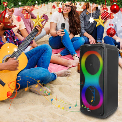 Portable Wireless Party Speaker with 7 Colorful Lights Remote Control Party Speaker with TWS Function FM Radio USB MMC Card Reading Aux In Recording Function Mic Priority