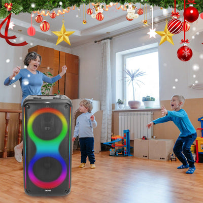 Portable Wireless Party Speaker with 7 Colorful Lights Remote Control Party Speaker with TWS Function FM Radio USB MMC Card Reading Aux In Recording Function Mic Priority