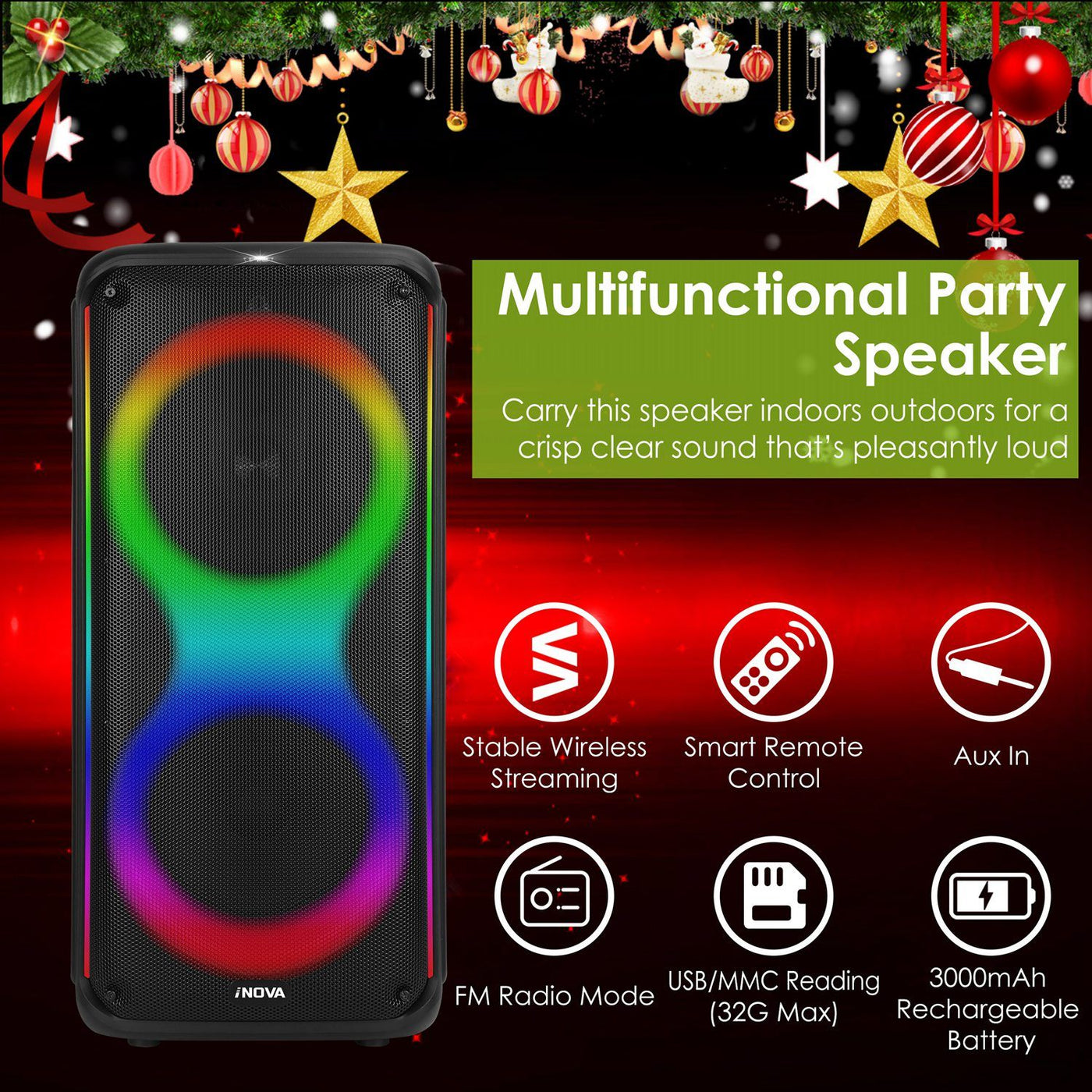 Portable Wireless Party Speaker with 7 Colorful Lights Remote Control Party Speaker with TWS Function FM Radio USB MMC Card Reading Aux In Recording Function Mic Priority