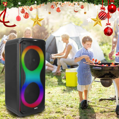 Portable Wireless Party Speaker with 7 Colorful Lights Remote Control Party Speaker with TWS Function FM Radio USB MMC Card Reading Aux In Recording Function Mic Priority