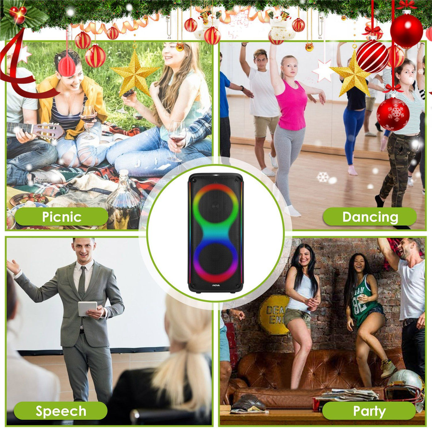 Portable Wireless Party Speaker with 7 Colorful Lights Remote Control Party Speaker with TWS Function FM Radio USB MMC Card Reading Aux In Recording Function Mic Priority