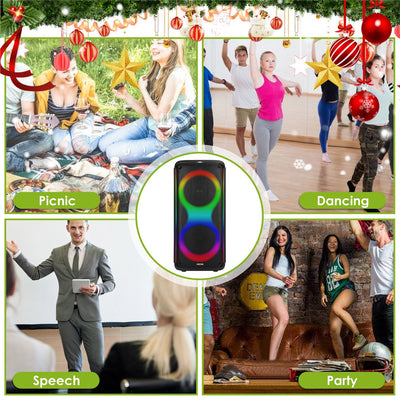 Portable Wireless Party Speaker with 7 Colorful Lights Remote Control Party Speaker with TWS Function FM Radio USB MMC Card Reading Aux In Recording Function Mic Priority
