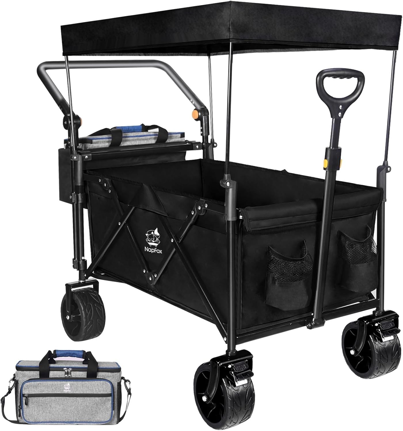 Collapsible Wagon Heavy Duty Folding Wagon Cart with Removable Canopy, 4" Wide Large All Terrain Wheels, Brake, Adjustable Handles,Cooler Bag Utility Carts for Outdoor Garden Beach