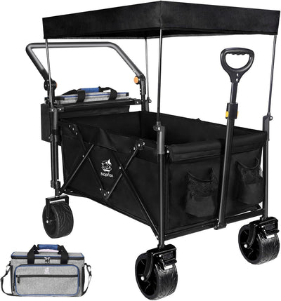 Collapsible Wagon Heavy Duty Folding Wagon Cart with Removable Canopy, 4" Wide Large All Terrain Wheels, Brake, Adjustable Handles,Cooler Bag Utility Carts for Outdoor Garden Beach