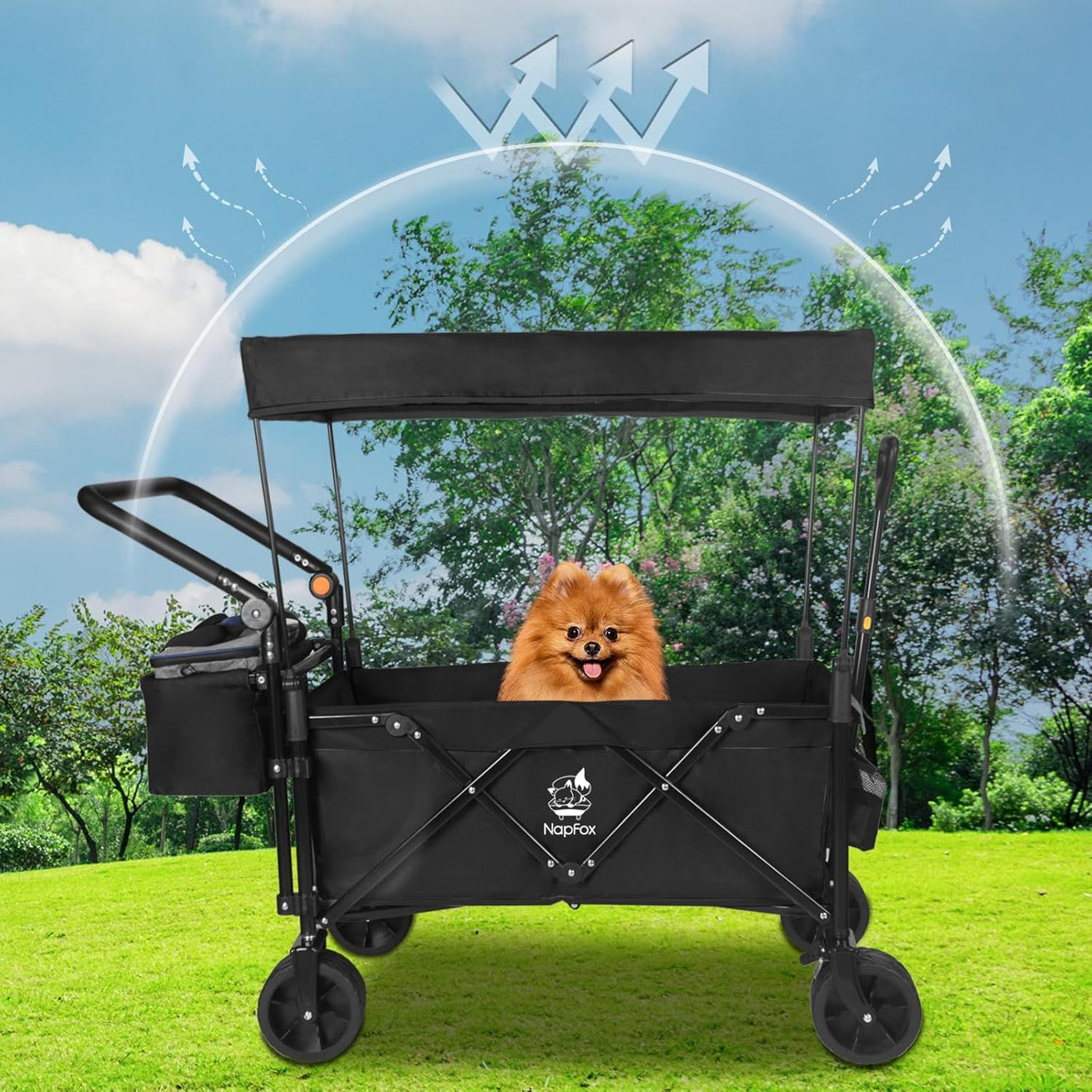 Collapsible Wagon Heavy Duty Folding Wagon Cart with Removable Canopy, 4" Wide Large All Terrain Wheels, Brake, Adjustable Handles,Cooler Bag Utility Carts for Outdoor Garden Beach